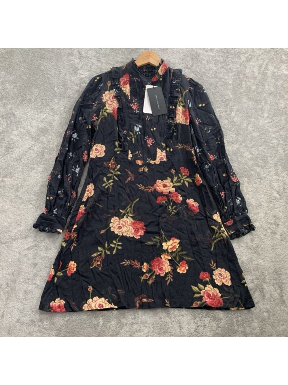 Zara Mini Dress Womens L Floral Print Mock Neck Long Sleeve Black Lace Viscose